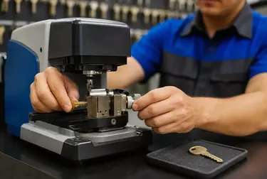 Chaveiro duplicando uma chave com equipamento especializado em Caucaia.