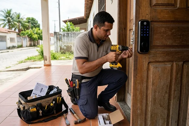 Fechadura digital instalada em uma porta, mostrando tecnologia e segurança em Caucaia.