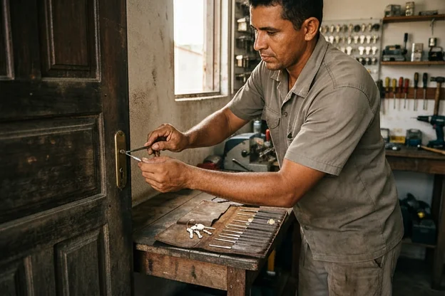 Ferramentas de chaveiro para abertura de portas exibidas em Caucaia.