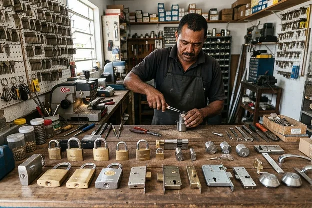 Modelos de fechaduras expostas em um ambiente profissional de chaveiro em Caucaia.